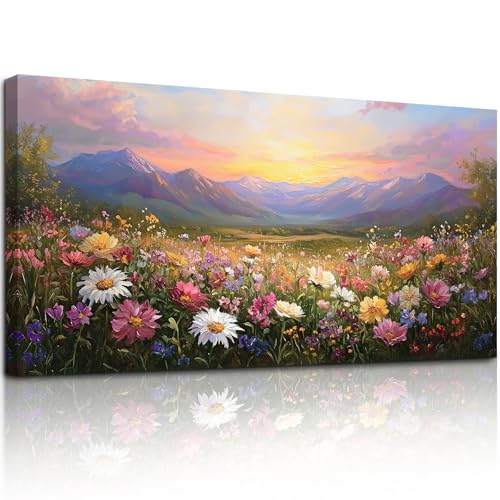 crmotu Landscape Wall Art, Mountain Wall Art, Floral Wall Decor, Daisy Flower Field Canvas Artwork, Rustic Bright Big Paintings for Living Room Bedroom Entryway Home Office Prints 24x48inch