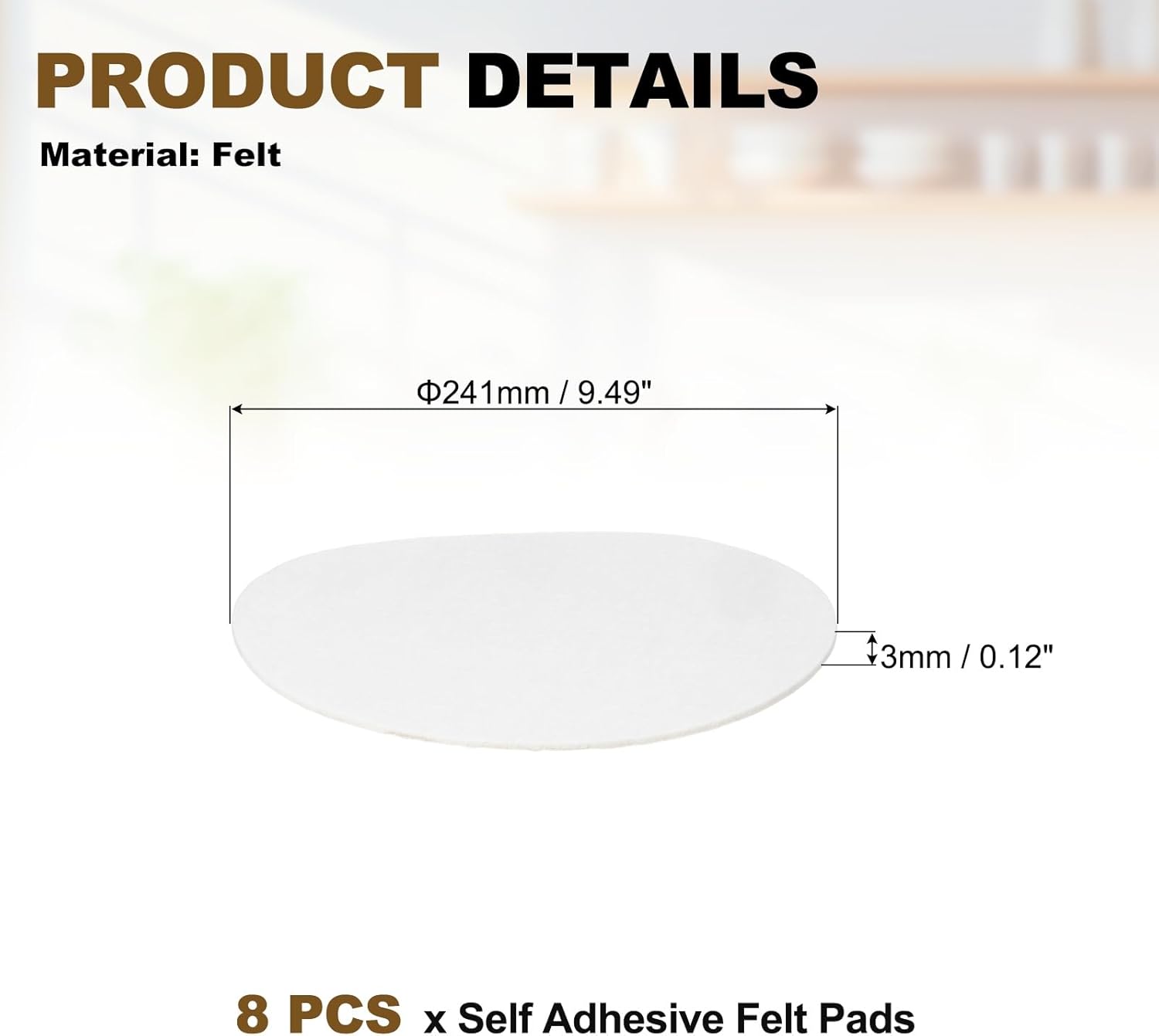 uxcell 8Pcs Non Slip Furniture Pads, 9.5" Round Self Adhesive Felt Bumpers Noise Reducing Furniture Feet Floor Protector for Chairs Tables Furniture Legs (White 0.12" Thick)