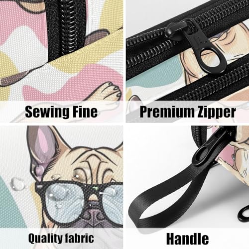 Image of Fustylead Cute French Bulldog Wear Glasses Large Pencil Case Portable Stationery Bag Cosmetics Bag with Handle for School Office Travel