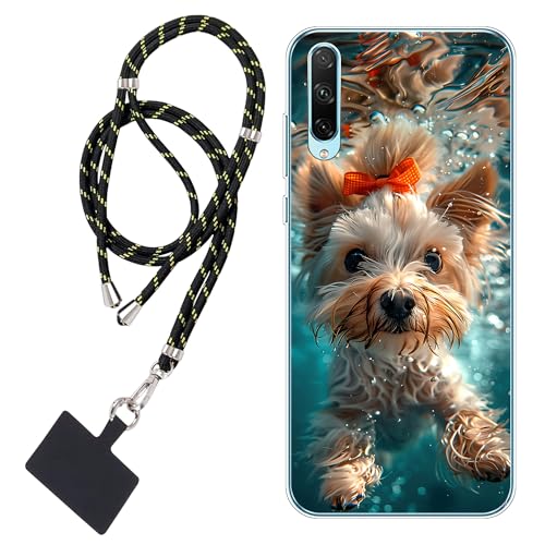 WUACYEAMING Carcasa para Móvil Compatible con Honor 30i Cover Funda Transparente para móvil con Dibujo TPU Lindo Perro nadando1*Cordón para Teléfono Ajustable