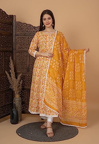 Image of MEERA FAB Women's Cotton Printed Anarkali Kurta with Palazzo & Dupatta Set