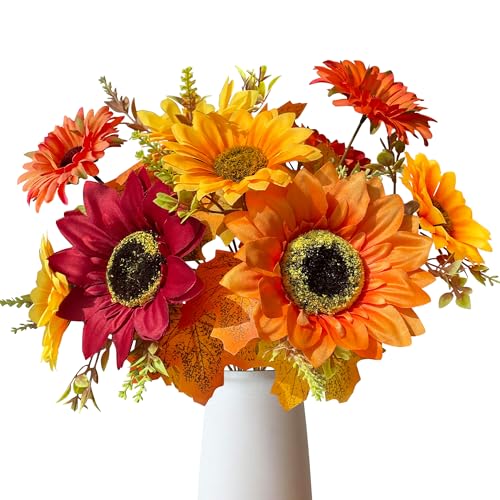 ROLLWAY 2 unidades de flores artificiales de girasol para decoración de otoño, ramo de flores artificiales, flores artificiales, flores de otoño, ramo de flores artificiales, ramo de flores de seda