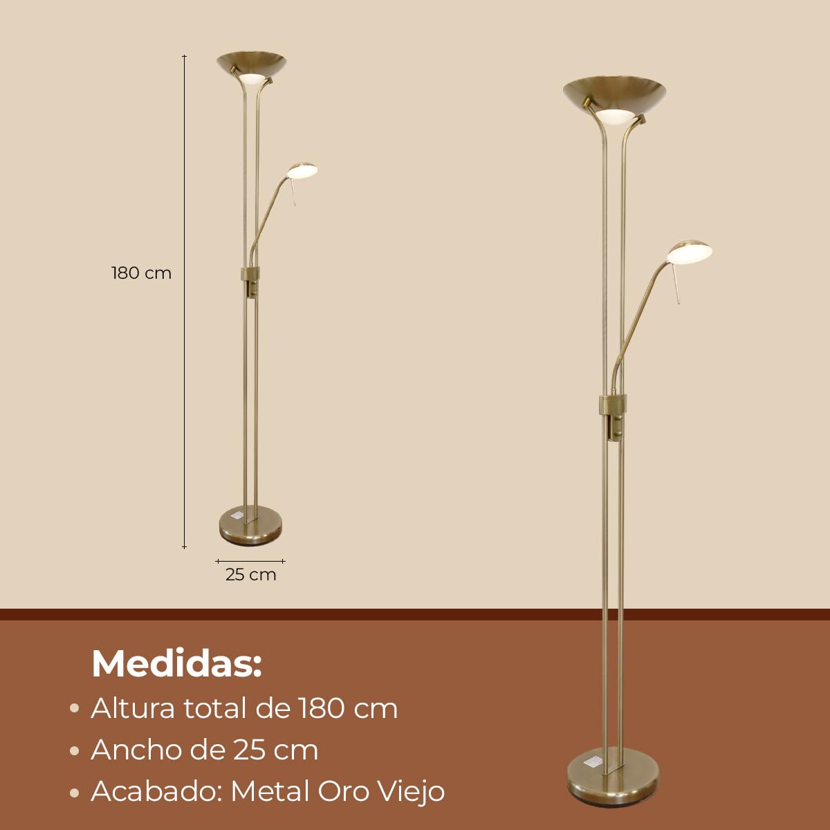 Els Banys Lámpara pie salón LED SMD metal oro viejo. pantalla superior 17W-3000k-1600 lumens. Lector articulado 5W, 3000K, 450lumens. H180cm Ancho 50cm. Luz regulable. IP20 uso interior