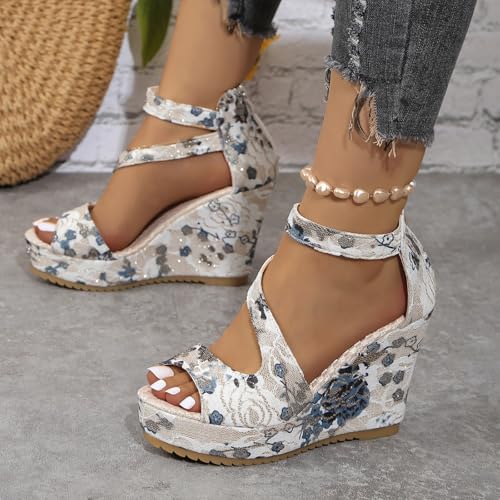 Women's Printed Platform High Heels Open Peep Toe Sandals Fashion Wedge Ankle Strap Back Zipper Slope Espadrille Casual Comfortable Floral Pattern Thick Sole Slip No Summer Sandal Shoes2