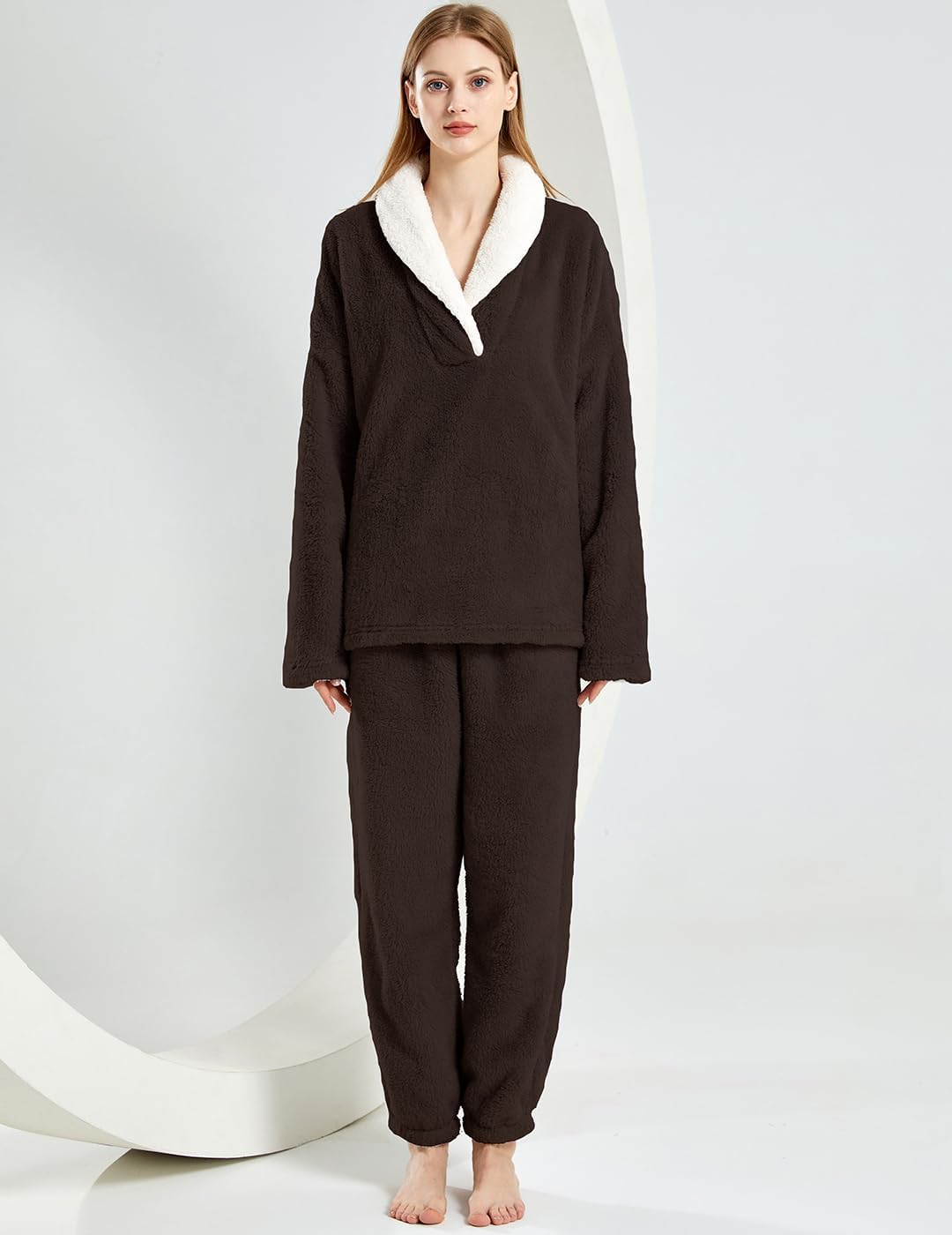 Women's Fluffy Loungewear Sleepwear Lounge Casual Pajamas Sets Loose Long Sleeve Fleece Pullover and Pants Set - Image 2