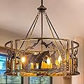 TOCHIC 6-Light Farmhouse Chandelier for Dining Room, Rustic Drum Chandelier in Bronze Metal, Western Cowboy Horse Light Fixture for Living Room, Dining Room, Bedroom, Foyers, W-26.37"