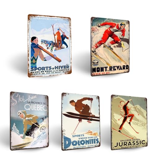 Lot De 5 Plaque Metal Vintage Hiver Ski Plaque Decorative Metal 20x30cm Plaque Ski Pub Pancarte Café Garage Gaz Station Cave Cuisine