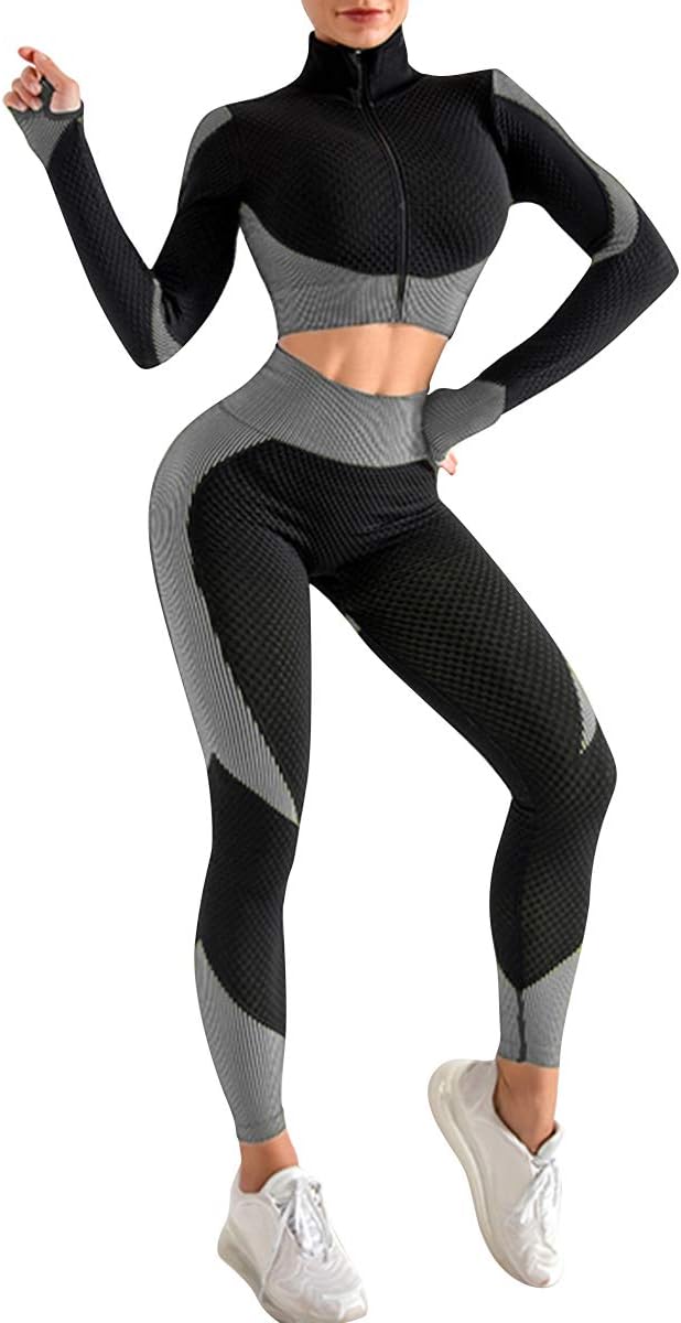 JOYMODE Women's Workout Sets 2 Piece long sleeve High Waist Legging set Crop Top Gym