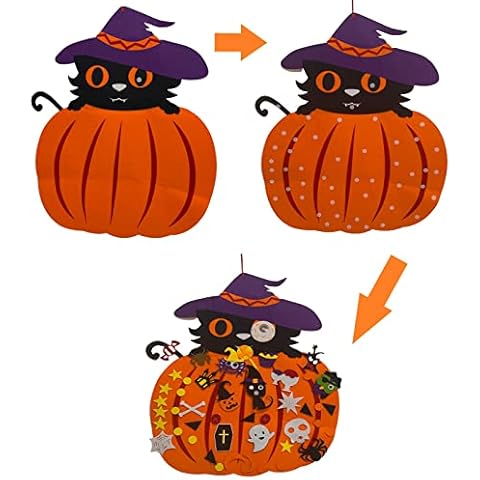 Halloween DIY Pumpkin Cat Felt Set - with 48PCS Ornaments Home Decoration Door Wall Hanging Felt Craft Kits for Kids Halloween Birthday Party Favor Cover