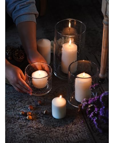 Ariamotion HURRICANE-CANDLE-HOLDERS Hurricane Candle Holders For Pillar Hand Blown Glass Cylinder Vases Table Decoration Centerpiece Floral Room Decor Clear Seeded Bubbles Living Dining Kitchen Island 10 Inch 7 Inch 4 Inch Set Of 3 thumb #2