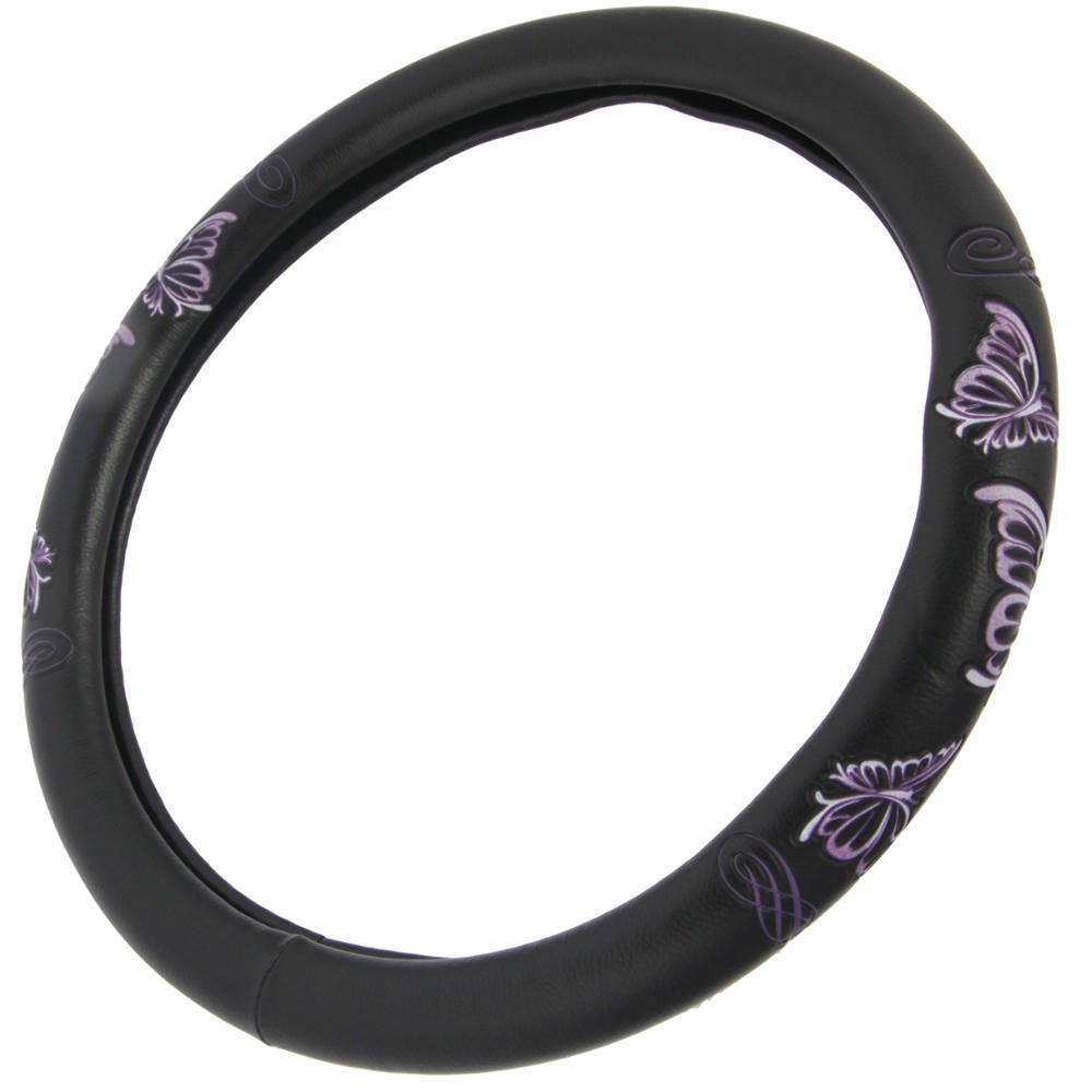 BDK SW-509-PP Universal Fit Purple Butterflies Design Comfort Grip Steering Wheel Cover for Car SUV Van & Truck - 15 Inch Standard Size, Butterfly Purple