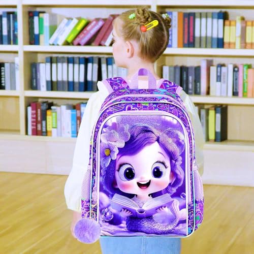Image of AGSDON 3PCS Mermaid Backpack for Girls, 16 inch Kids Backpacks Water Resistant with Lunch Box, Bookbag for Elementary Preschool