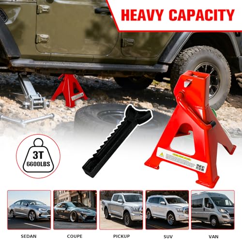 FITHOIST 3 Ton Jack Stands (6,600 LBs Capacity) - Heavy Duty Car Jack Stand with Double Pin Locking, 11.22\"-16.54\" Adjustable Height, Extra Rubber Pads for Trucks, Garage, Vehicle Lifting, 1 Pair Red