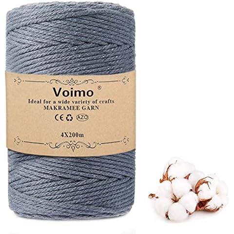 Voimo Cotton Yarn Macrame Yarn 4 mm x 200 m, Pure Cotton Macrame Cord Natural Cotton Cord 4 Thread Thick Cotton Rope for DIY Boho Decoration, Macrame Wall Hanging, Hanging Basket, Curtain (grey) Cover