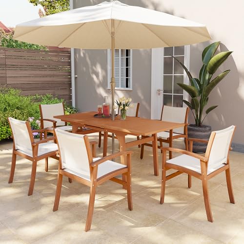 OC Orange-Casual Patio Furniture Set, Acacia Wood Patio Dining Set for 6-8, Outdoor Expandable Table and Chairs Set with Umbrella Hole and Breathable Textilene Fabric for Garden (White, 7 Pieces)