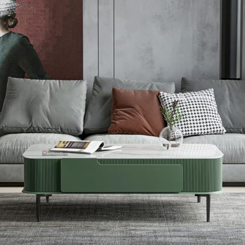 Image of DecorNation Valencia Faux Marble Coffee Table Eucalyptus Mist | Modern Center Table with Two Drawer Storage | PVD Coated Legs | Elegant Living Room Accent Furniture for Home & Office Decor