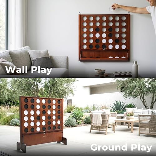 Image of Giant Wooden 4 in A Row Game for Indoor or Outdoor Games | Foldable Tray, 2 Styles of Play: Wall Mounted or Set-up on Ground, Carrying Case, Detachable Legs, Premium Varnished Pine