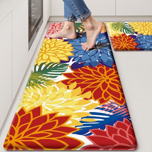 Kitchen Mats for Floor 2PCS Cushioned Anti Fatigue Kitchen Mats Waterproof Non Slip Kitchen Mat Rug Set Comfort Foam Standing Mat for Sink, Laundry, Office,17.3" x 28" + 17.3" x 47", Colorfu