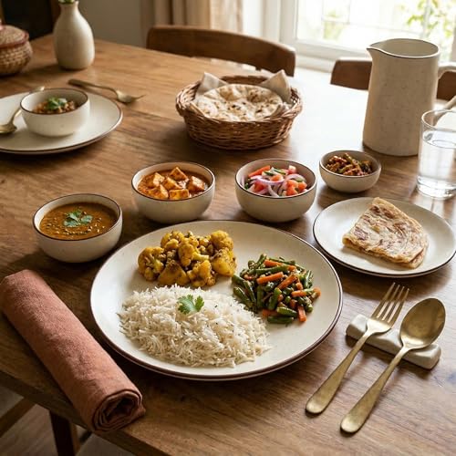 Image of The Earth Store Creme Matte Ceramic Dinner Set, 24 Pieces Includes 6 Full Dinner Plates 6 Quarter Plates & 12 Vegetable Bowls Microwave & Dishwasher Safe | Crockery Set for Gifting & Dining