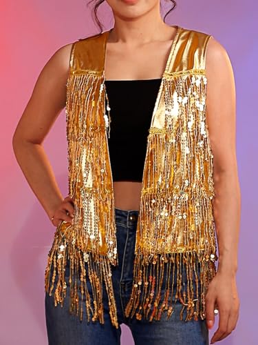 Edary Sequin Fringe Sleeveless Vest Sparkly Tassel Open Front Waistcoat Jackets Night Club Disco Vests Coat for Women (L)3
