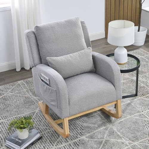 High Back Casual Armchair Rocker with 1 Lumbar Pillow, 2 Side Pockets, Nursery Rocking Chair with Solid Wood Legs, Modern Leisure Single Sofa for Living Room, Bedroom, Baby Room (Grey, 37*27.5*38in)