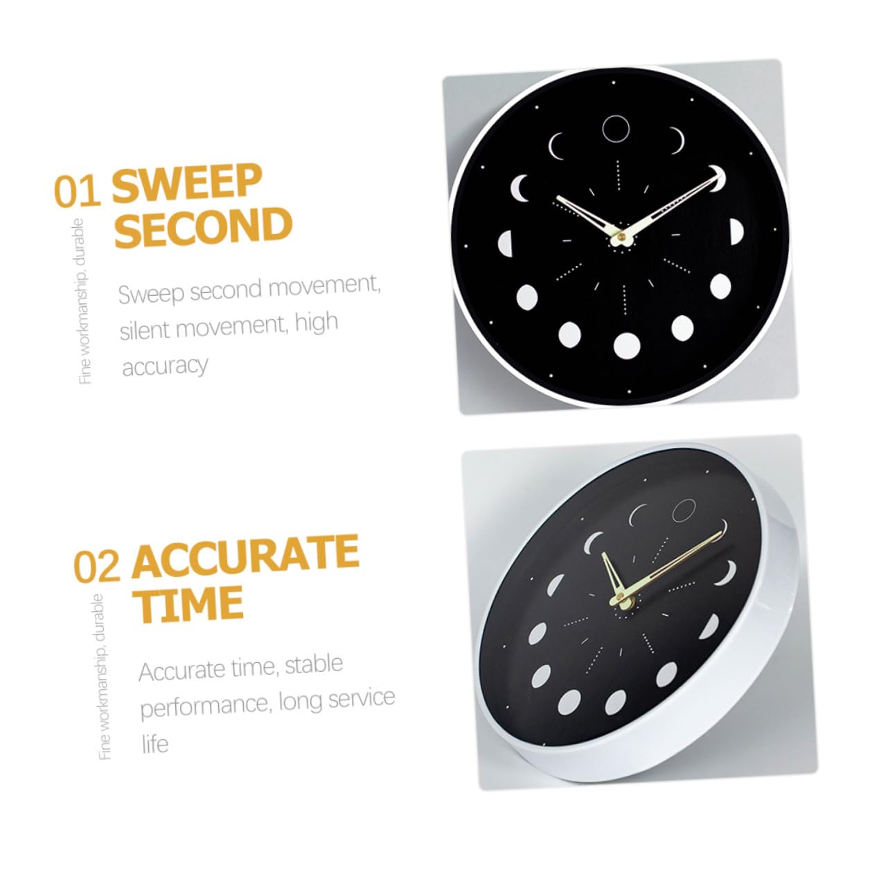 Lurrose Geräuschlose Runde Wanduhr mit Mondphasenanzeige für Schlafzimmer