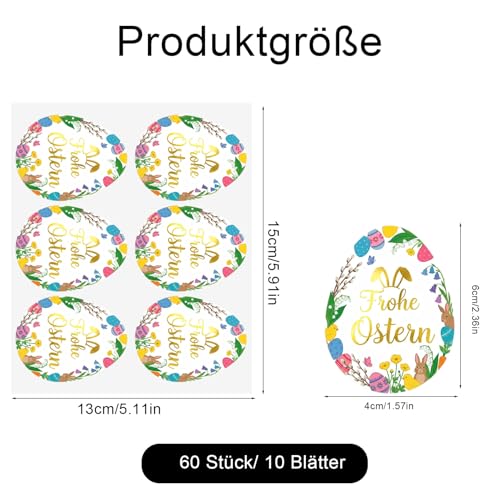 60 Stück Ostereier Aufkleber, Frohe Ostern Etiketten, Selbstklebend Hochwertige Ostersticker, Blumen Kranz Motive, für Osterkarte Umschlag Geschenke Basteln Osterdeko