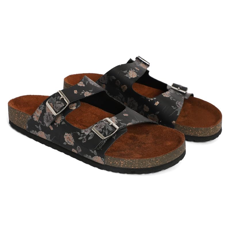MOZAFIA Black Flower Print Synthetic Leather Comfortable Stylish with Open Toe Casual Flat Sandals & Flip Flops for Women (B0CQD1Z541) Amazon Price History, Amazon Price Tracker