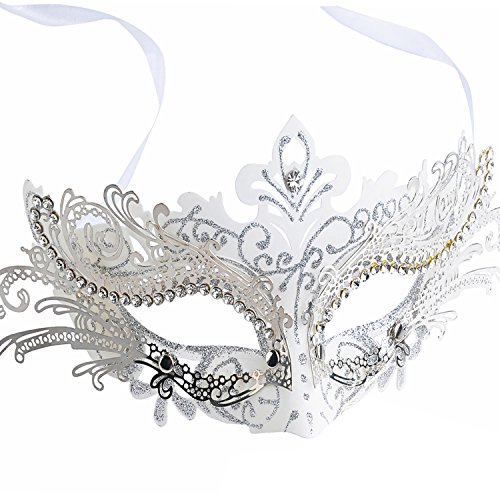 Masquerade Mask Shiny Metal Rhinestone Venetian Pretty Party Evening Prom Mask(White)