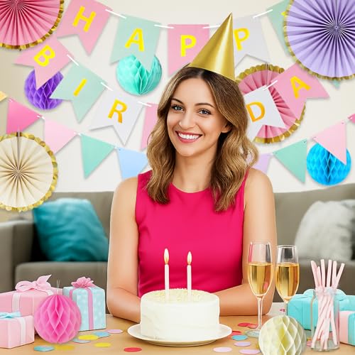 Image of Pastel Birthday Party Decoration, Macaron Happy Birthday Party Decoration for Girls Women with Happy Birthday Banner Bunting Hanging Paper Fans, Girl Woman Pastel Birthday Honeycomb Decoration