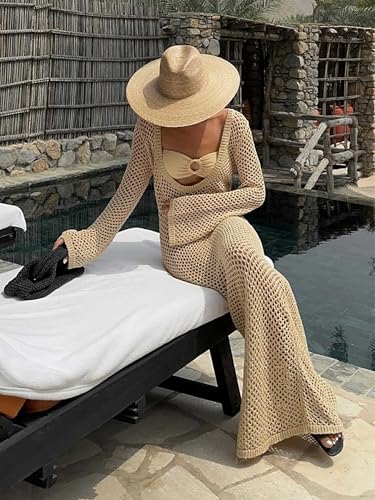 Women's Crochet Swimsuit Cover ups Long Sleeve Knit Beach Dress Hollow Out Backless Vacation Outfits Sexy Beachwear2