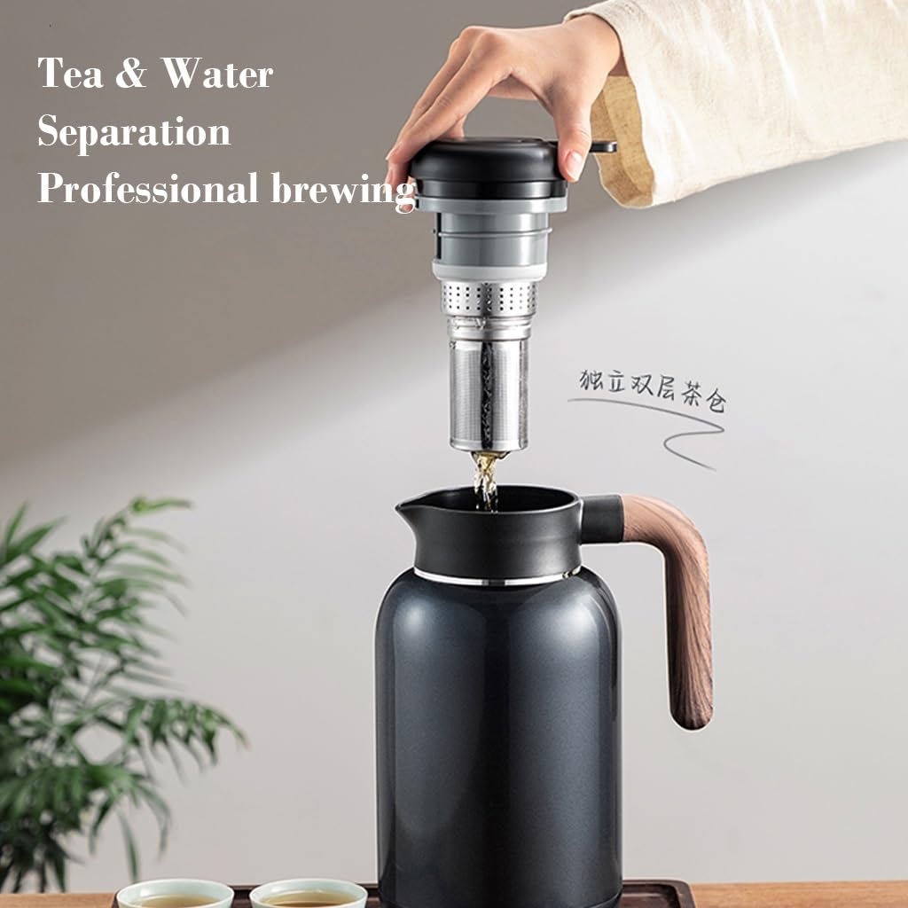 Jarra de café térmica de acero inoxidable, olla aislada a prueba de fugas para bebidas calientes, leche, café y té, aislamiento al vacío con mango de madera, capacidad de 2 litros