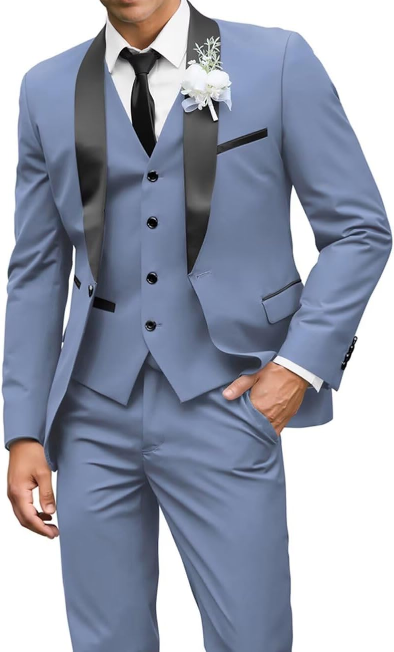 Men's 3 Piece Suit Slim Fit Shawl Lapel One Button Wedding Tuxedos Formal Jacket Vest Pants Set with Bow Tie