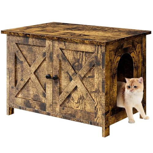 Shintenchi Cat Littler Box Enclosure, Litter Box Furniture Hidden with Removable Divider, Cat House with End Table, Brown