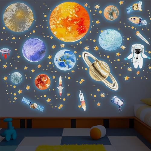 Lot de 3 feuilles d'autocollants muraux phosphorescents 9 planètes étoiles lumineuses astronaute planète autocollant mural lumineux étoiles système...