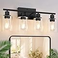 4-Light Bathroom Light Fixtures, Bathroom Vanity Lights with Clear Glass Shades, Matte Black Bathroom Light Fixtures over mirror, Modern Bathroom Wall Lamp for Mirror Living Room Cabinet Bedroom Porch