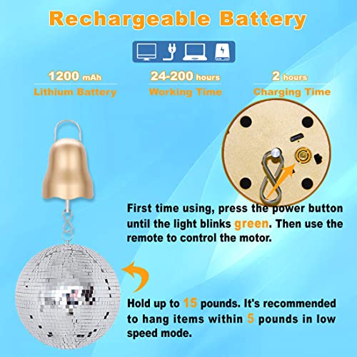 Disco Ball Motor With Remote, 1200Mah Battery Powered Rotating Wind Spinner Motor, Disco Ball Spinner Variable Speed & Timing, Usb Rechargeable Hanging Display Motor For Baby Crib Mobile, Wind Chime #TOP2