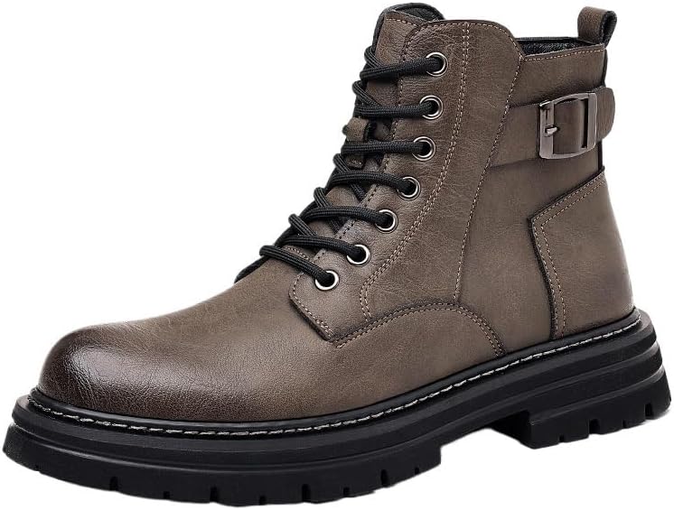 Men's High-Top Leather Boots with Round Toe Lace-Up Design Side Zipper Mesh Lining Trendy Casual Shoes Sturdy Work Shoes Stylish Outdoor Shoes