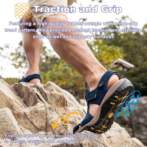 Image of Men's Sport Sandals Closed Toe Leather Hiking Athletic Walking Outdoor Beach Trail River Fishing Water Shoes Lightweight Comfortable Waterproof