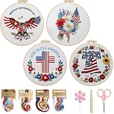 BBLYBD 4th of July Embroidery Kit, 4 Set Patriotic Cross Stitch Craft Kits for Beginners with Pre-Printed Embroidery Fabric, Hoops, Step-by-Step Instructions, Color Threads & Needles (Red White Blue)