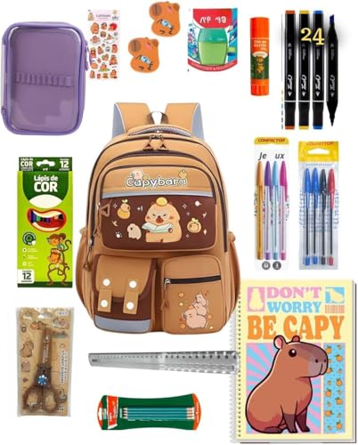 Kit Material Escolar Capivara Completo, Mochila Personalizada Capybara com Estojo, Caderno, Canetas, Lápis de Cor, Adesivos e Acessórios Escolares, Volta as Aulas