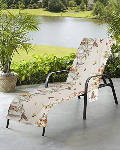 Autumn Pumpkin Beach Chair Towel Covers for Chaise Lounge with Side Pocket, Soft Plush Pool Towels Cover for Patio Sunbathing Outdoor 29''x85'' Fall Eucalyptus Wildflower Thanksgiving