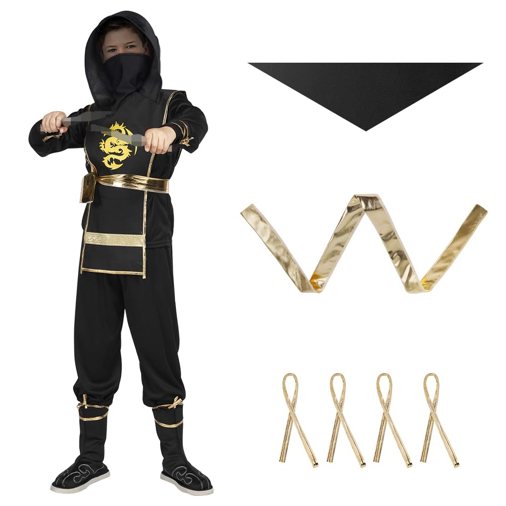 Disfraz Ninja para Niño, 3Pcs Disfraz Mono Ninja con Máscara y Cinturón, Disfraz de Samurai Negro de Ninja para Cosplay Anime, Disfraz Halloween Niño para Fiesta, Carnaval y Cumpleaños