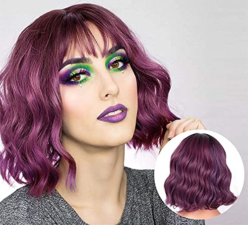 Juziviee Purple Wigs for Women 11'' Short Cute Wavy Curly Bob Hair Wig with Bangs Wigs for White Women, Natural Soft Cute Synthetic Purple Wigs for Daily Party Halooween JZ001PR