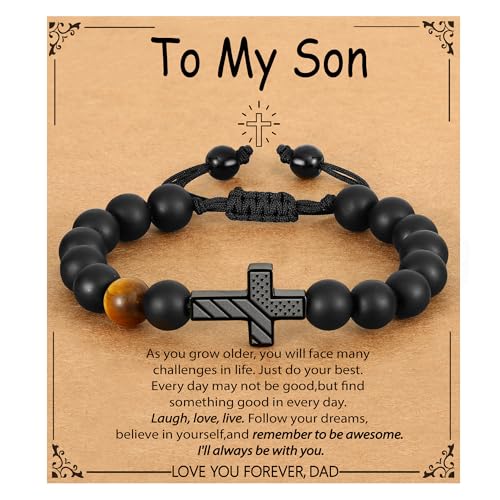 Image of P. BLAKE Cross Bracelet for Boys Men, American Flag Cross Natural Beads Bracelet Christian Religious Birthday Jewelry Gifts for Teen Boys