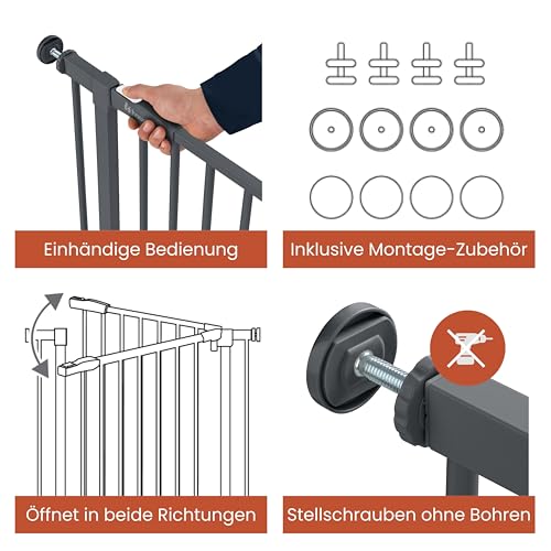 hauck Open N Stop 2, Dunkelgrau - Kinderschutzgitter Hundegitter, Verstellbare Breite 75-80 cm, 77 cm Hoch, Beidseitige Einhand Öffnung, ohne Bohren, für Innen