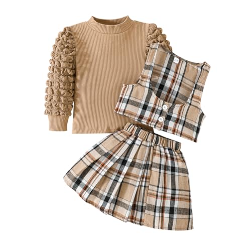 Image of Toddler Girls Christmas Outfits Girls Puff Sleeve Knit Ribbed Tops Button Down Vest Plaid Skirt Set Winter Clothes
