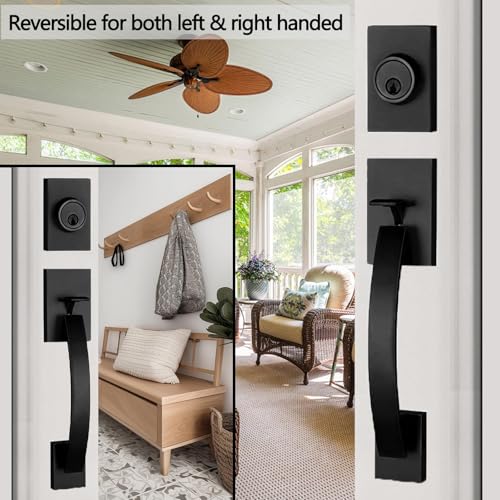 Image of NEWBANG 2 Pack to be Keyed Alike Modern Keyed & Dummy Entry Handlesets for Double Front Doors with Same Culinders and Same Keys in Matte Black(2 PC Keyed and Dummy),MDHST2017DB-SET-2P