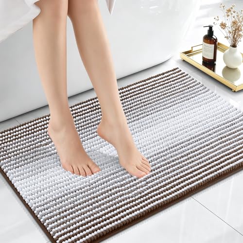 Image of OLANLY Small Bathroom Rugs 24x16, Extra Soft Absorbent Chenille Striped Bath Rugs, Rubber Backing, Machine Wash Dry, Bath Mats for Bathroom Floor, Tub and Shower, Home Decor Accessories, Brown
