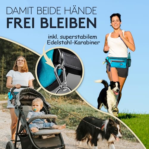 PAWZONE Futterbeutel Hunde - Leckerlibeutel für Hunde - Bauchtasche für Hunde Zubehör - Leckerlitasche für Hunde - Inkl. Reflektorband & Zusatzgurt für Flexileine (Azurblau)